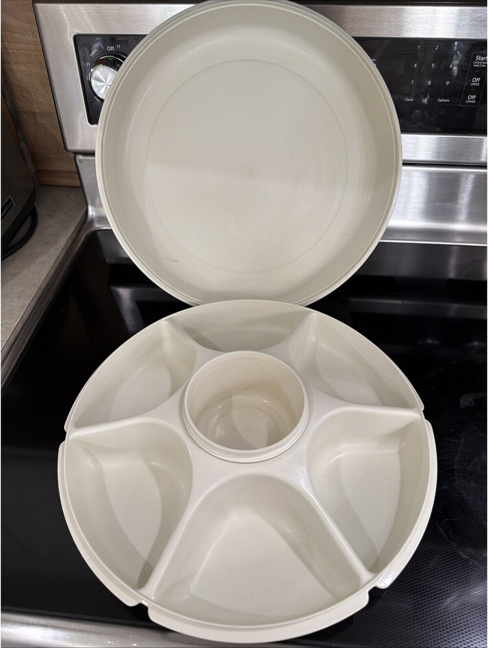 VTG Tupperware Serving Center #1665 Divided Tray With Lid Veggie Dip Cup Almond